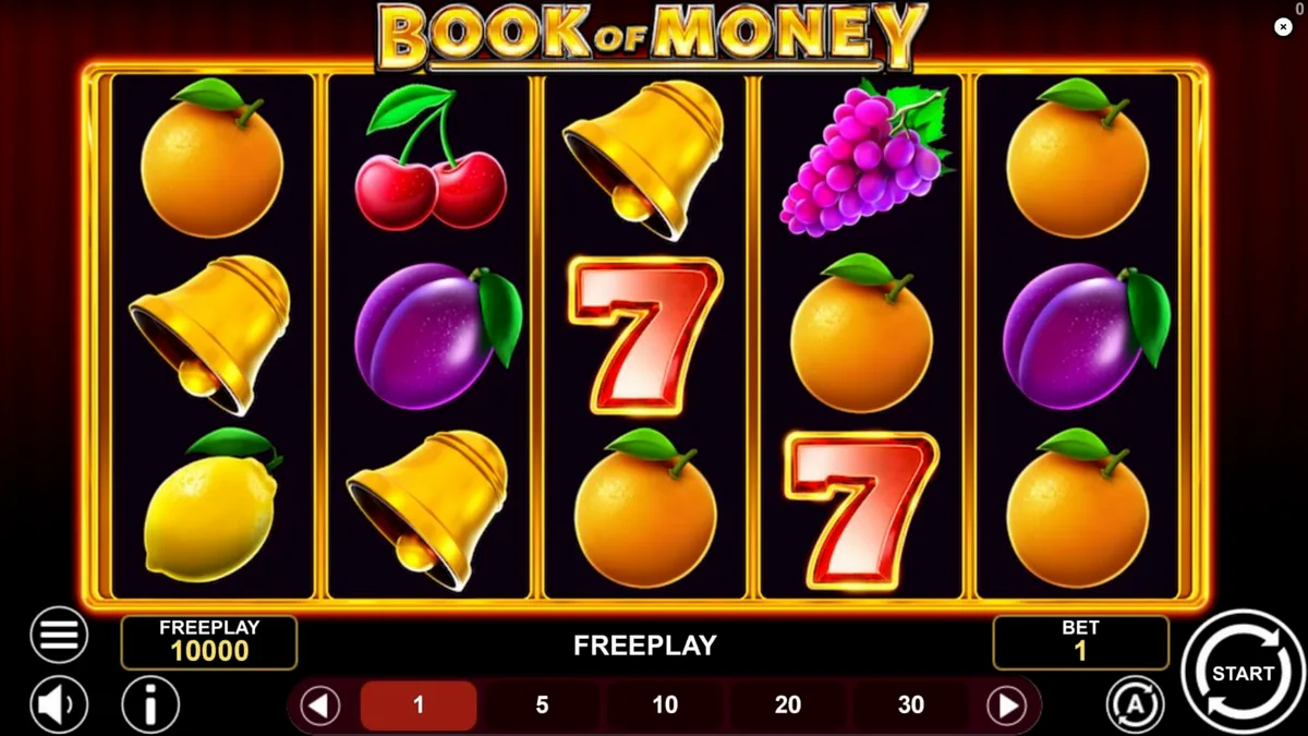 Tampilan visual slot Book of Money dengan simbol buah dan buku klasik