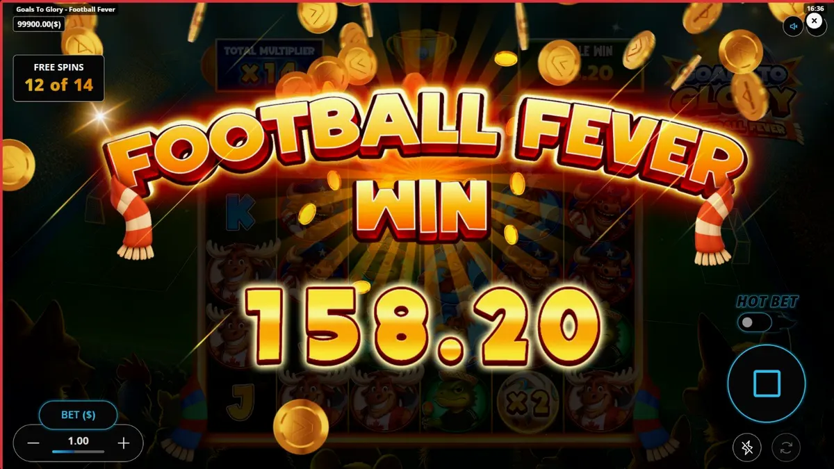 Tampilan visual slot Goals to Glory Football Fever dengan karakter hewan pemain sepak bola
